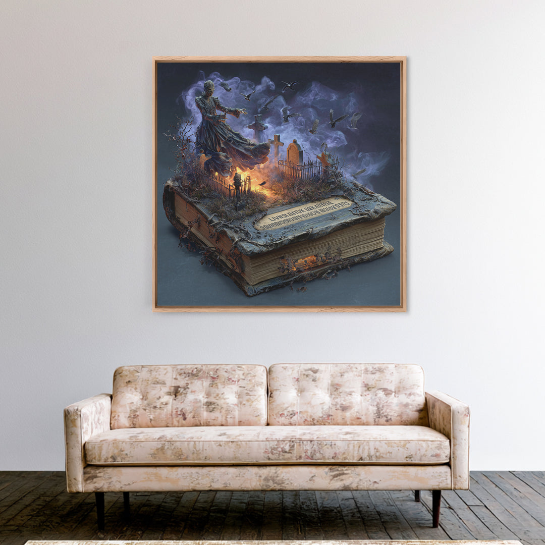 The Living Spellbook, Square Wall Art, Gothic Horror Wall Art, Framed Canvas Print, Halloween Wall Decor, Gothic Home Decor