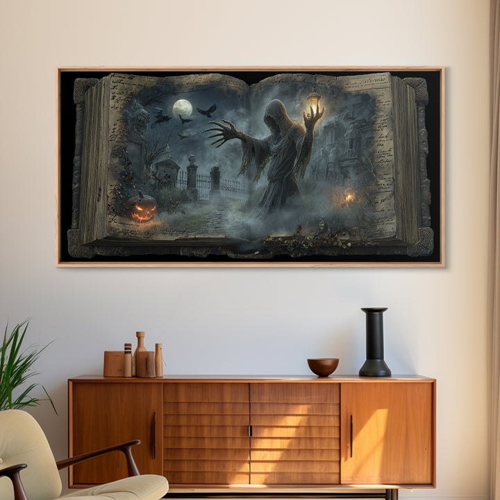 The Living Spellbook, Wide Panoramic Art, Macabre Wall Art, Framed Canvas Print, Halloween Wall Decor, Gothic Home Decor, Dark Fantasy Art