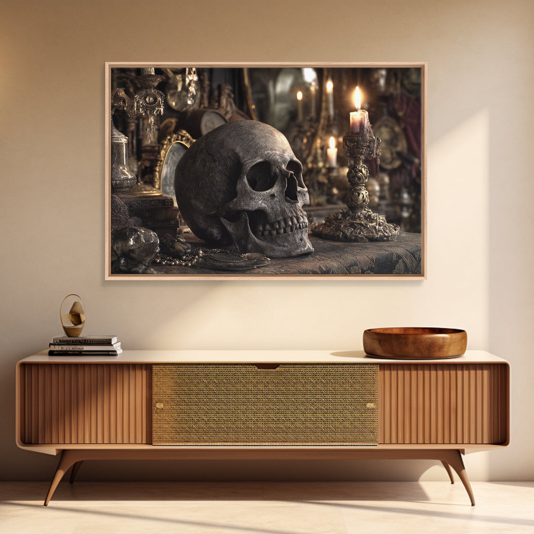 The Talking Skull, Landscape Wall Art, Gothic Horror Wall Art, Framed Canvas Print, Halloween Wall Decor, Gothic Home Decor