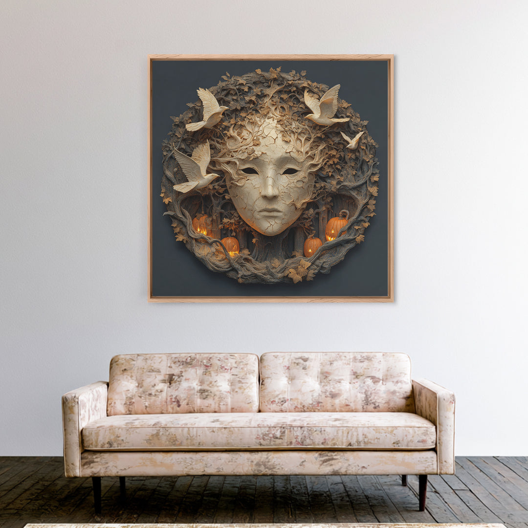 The Cracked Porcelain Mask, Square Wall Art, Haunted Gothic Art, Framed Canvas Print, Halloween Wall Decor, Gothic Home Decor