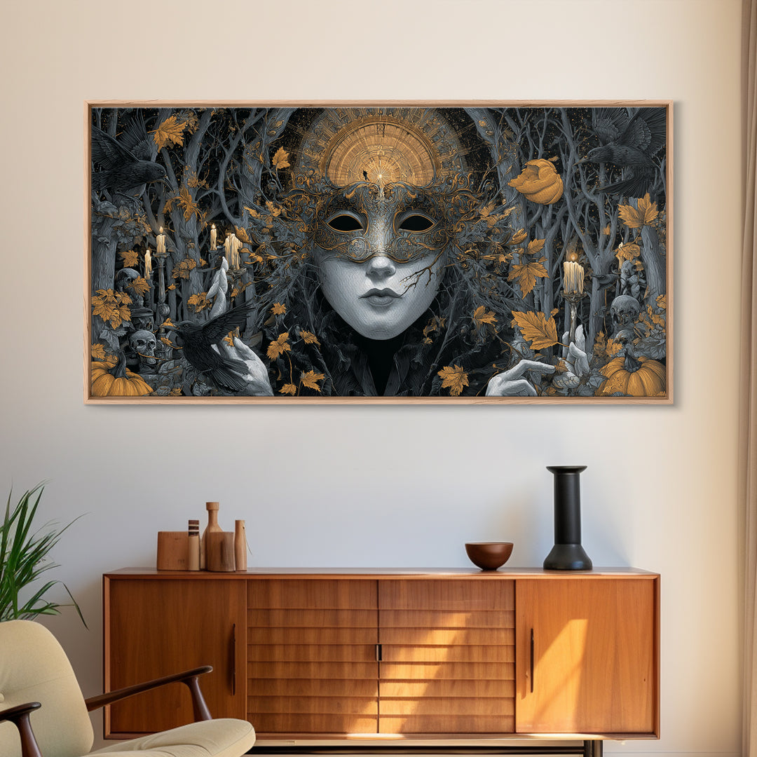 The Cracked Porcelain Mask, Wide Panoramic Art, Haunted Gothic Art, Framed Canvas Print, Halloween Wall Decor, Gothic Home Decor