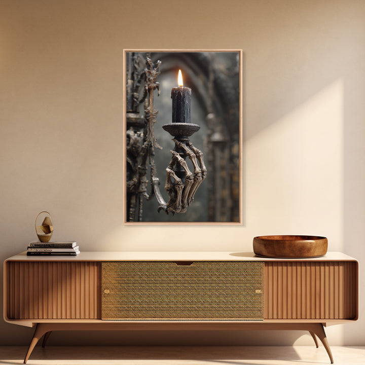The Skeletal Hand Candleholder, Vertical Wall Art, Macabre Wall Art, Framed Canvas Print, Halloween Wall Decor, Gothic Home Decor