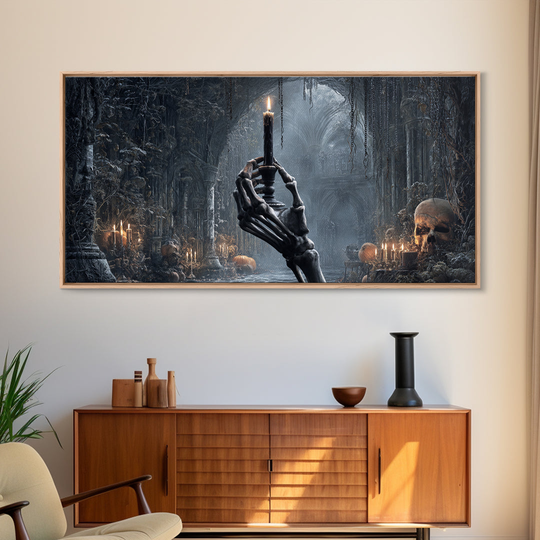 The Skeletal Hand Candleholder, Wide Panoramic Art, Spooky Home Decor, Canvas Print, Halloween Wall Decor, Gothic Home Decor