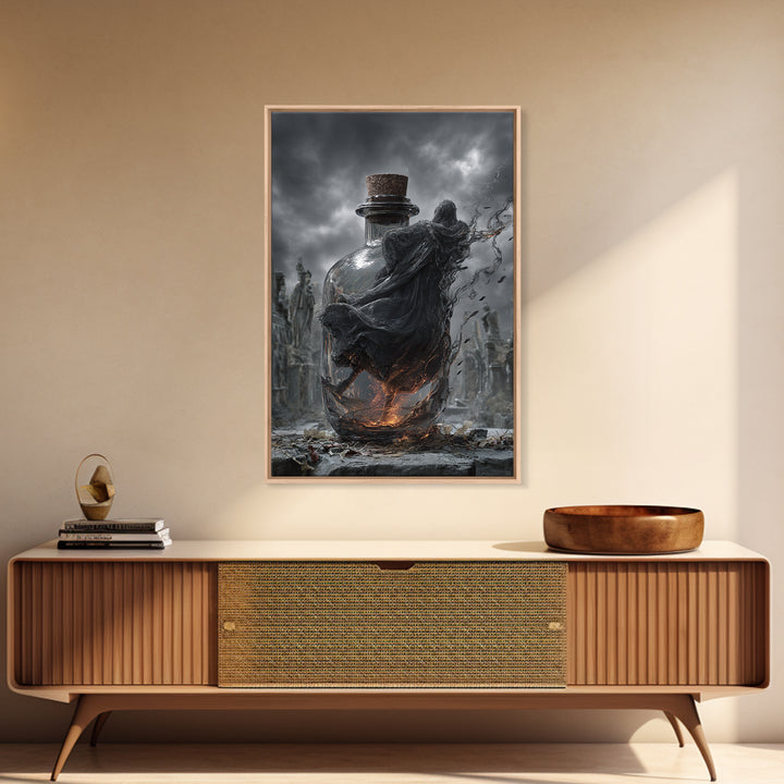 The Bottled Ghost, Vertical Wall Art, Gothic Horror Wall Art, Framed Canvas Print, Halloween Wall Decor, Gothic Home Decor
