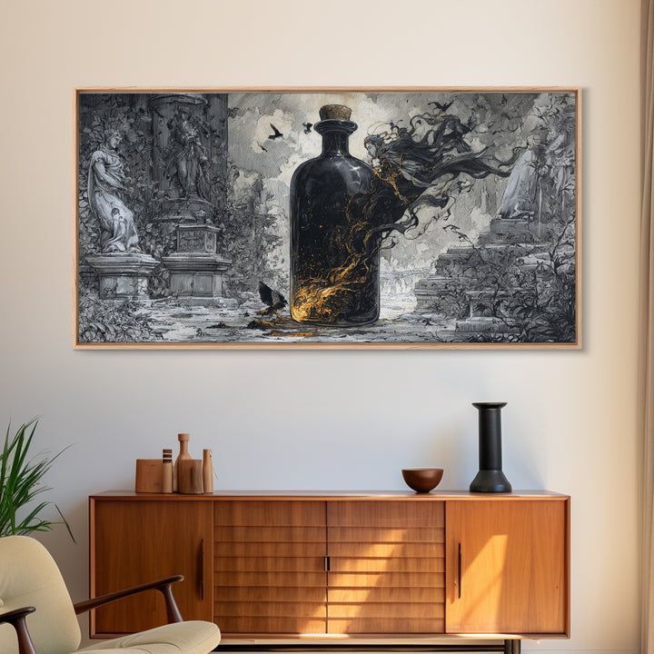 The Bottled Ghost, Wide Panoramic Art, Dark Fantasy Wall Art, Canvas Print, Halloween Wall Decor, Gothic Home Decor, Seasonal Home Decor