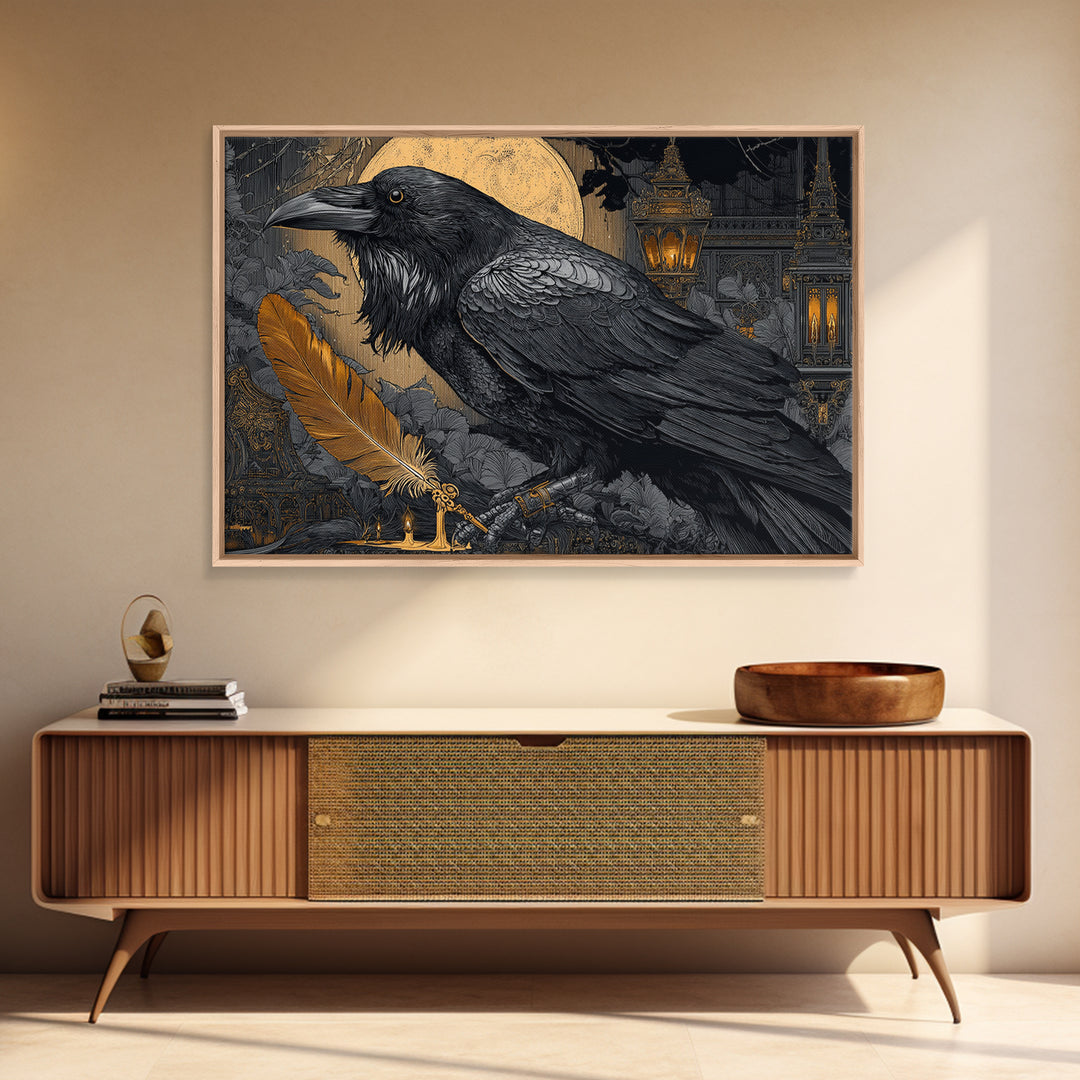 The Raven-Feather Quill, Landscape Wall Art, Macabre Wall Art, Framed Canvas Print, Halloween Wall Decor, Gothic Home Decor