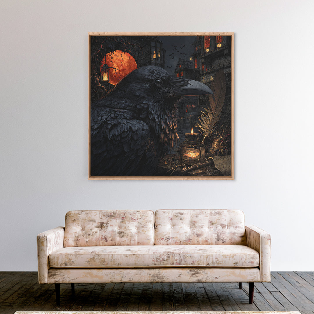 The Raven-Feather Quill, Square Wall Art, Gothic Horror Wall Art, Framed Canvas Print, Halloween Wall Decor, Gothic Home Decor