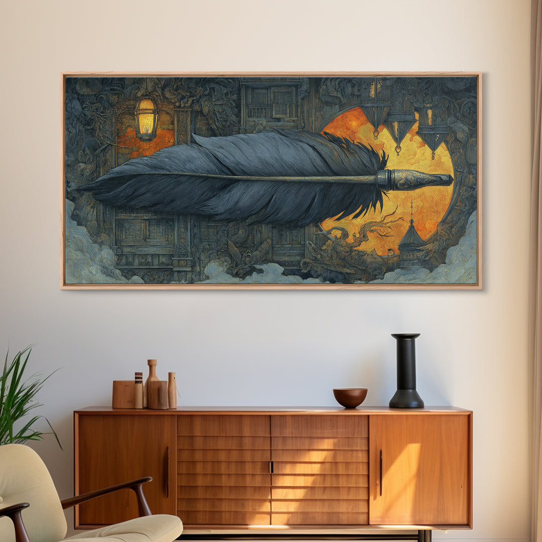 The Raven-Feather Quill, Wide Panoramic Art, Gothic Horror Wall Art, Framed Canvas Print, Halloween Wall Decor, Gothic Home Decor