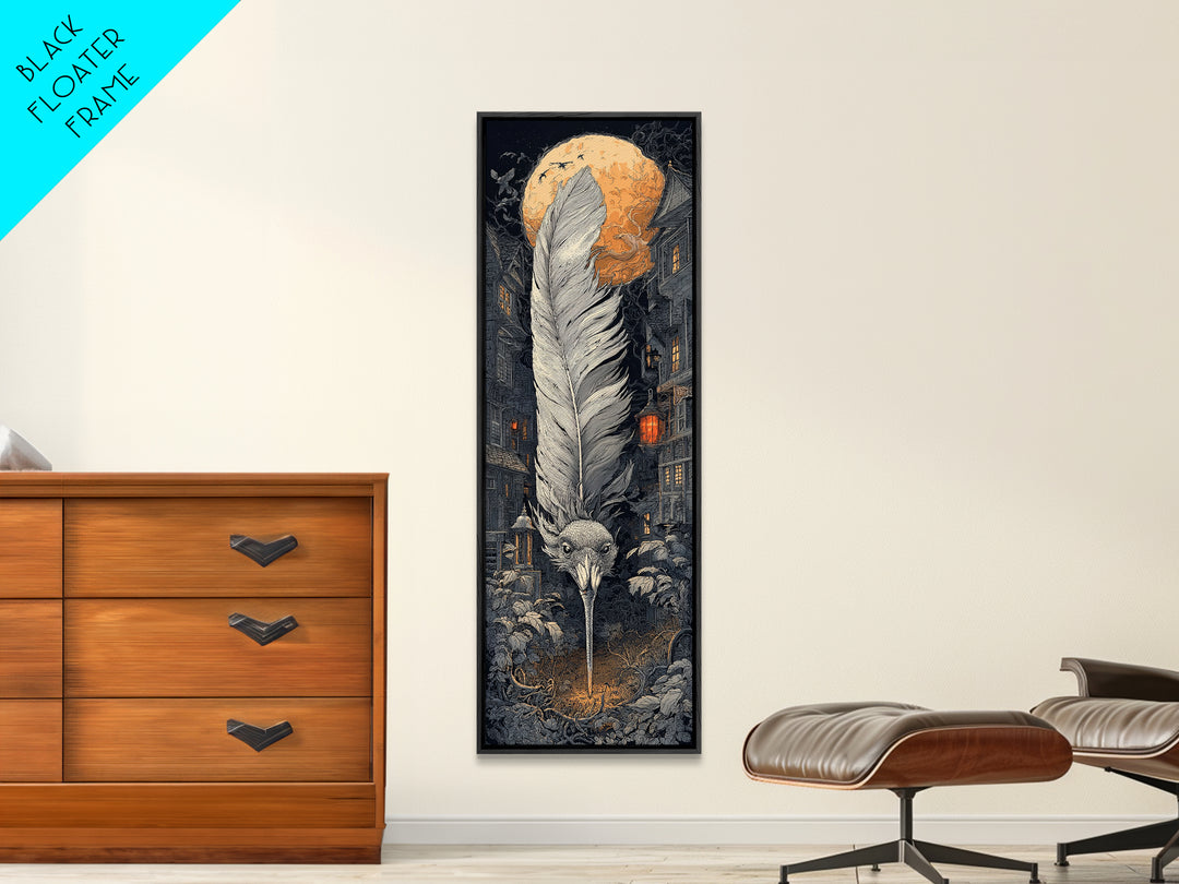 The Raven-Feather Quill, Tall Narrow Wall Art, Macabre Wall Art, Framed Canvas Print, Halloween Wall Decor, Gothic Home Decor