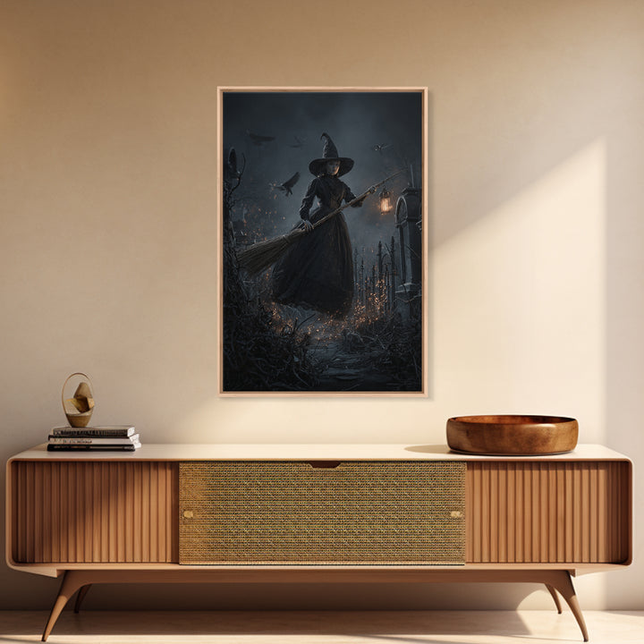 The Witch'S Broom, Vertical Wall Art, Haunted Gothic Art, Framed Canvas Print, Halloween Wall Decor, Gothic Home Decor, Spooky Wall Decor