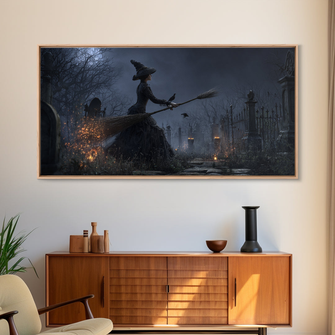 The Witch'S Broom, Wide Panoramic Art, Gothic Horror Wall Art, Framed Canvas Print, Halloween Wall Decor, Gothic Home Decor, Halloween Decor