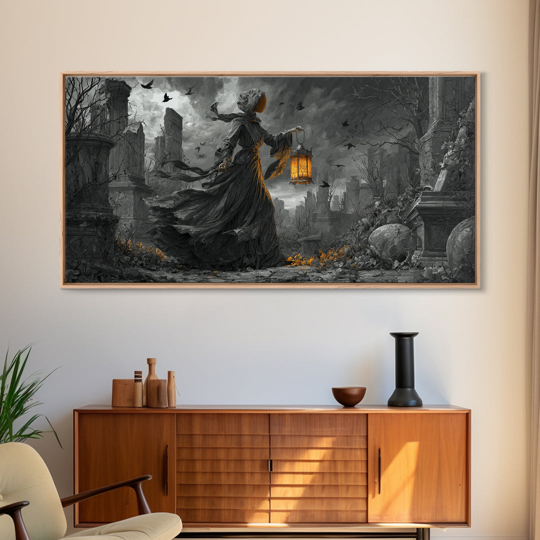 The Bone-Handled Lantern, Wide Panoramic Art, Spooky Home Decor, Canvas Print, Halloween Wall Decor, Gothic Home Decor, Dark Fantasy Art