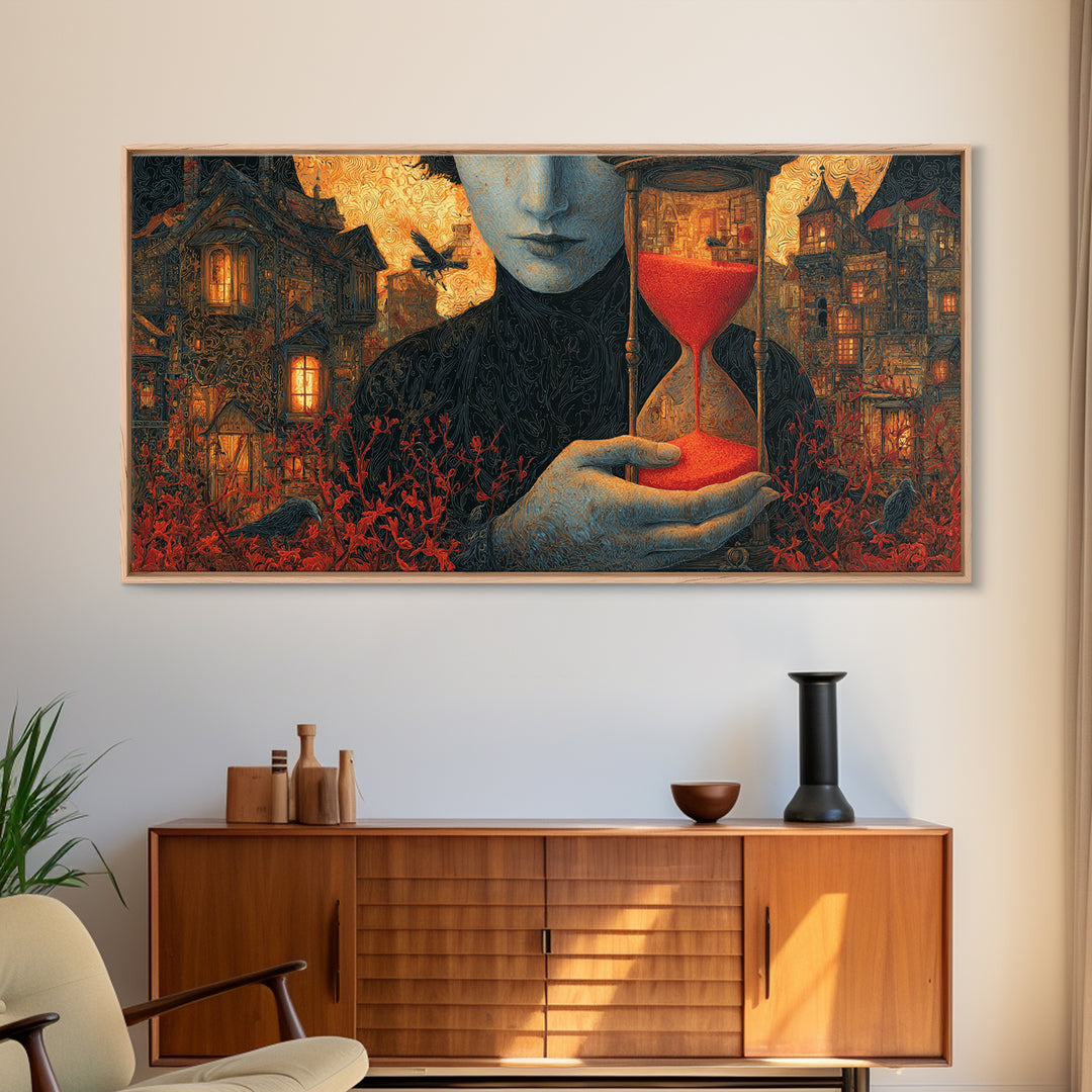 The Crimson Hourglass, Wide Panoramic Art, Macabre Wall Art, Framed Canvas Print, Halloween Wall Decor, Gothic Home Decor, Halloween Decor