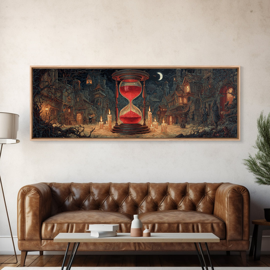 The Crimson Hourglass, Extra Wide Wall Art, Gothic Horror Wall Art, Framed Canvas Print, Halloween Wall Decor, Gothic Home Decor