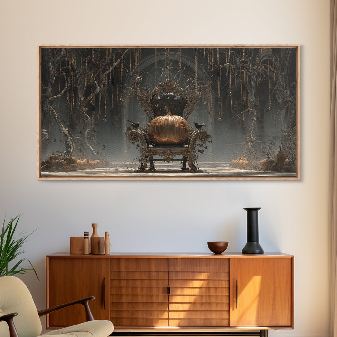 The Jack-O'-Lantern Throne, Wide Panoramic Art, Macabre Wall Art, Framed Canvas Print, Halloween Wall Decor, Gothic Home Decor
