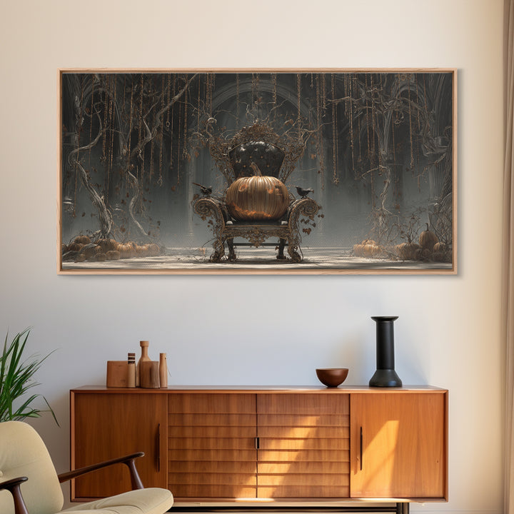 The Jack-O'-Lantern Throne, Wide Panoramic Art, Macabre Wall Art, Framed Canvas Print, Halloween Wall Decor, Gothic Home Decor