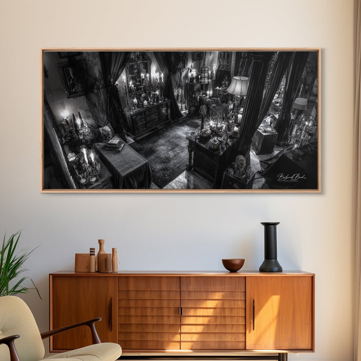 Monochrome Gothic Halloween, Wide Panoramic Art, Macabre Wall Art, Framed Canvas Print, Halloween Wall Decor, Gothic Home Decor
