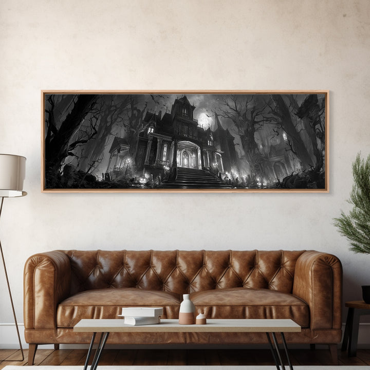 Monochrome Gothic Halloween, Extra Wide Wall Art, Spooky Home Decor, Canvas Print, Halloween Wall Decor, Gothic Home Decor, Dark Fantasy Art