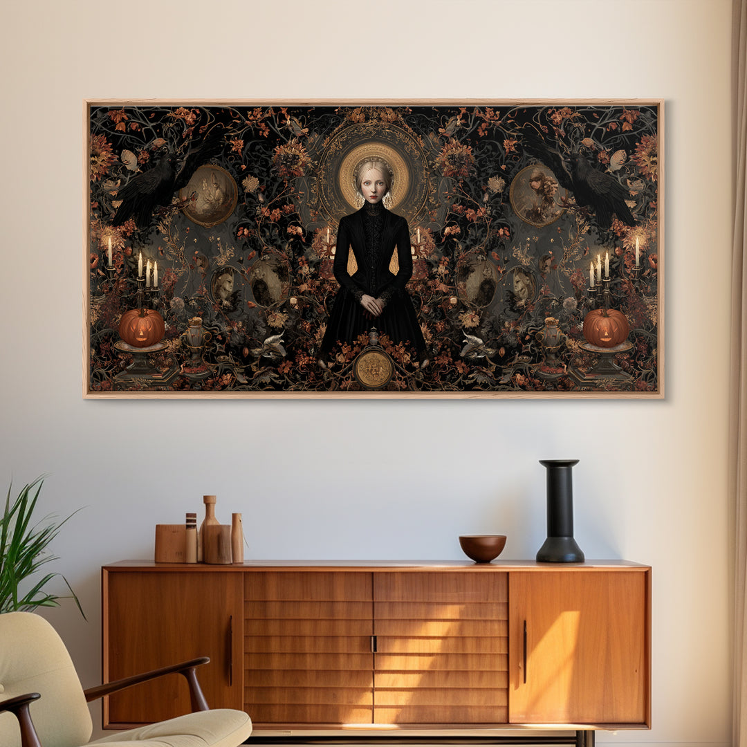 Victorian Mourning Halloween, Wide Panoramic Art, Haunted Gothic Art, Framed Canvas Print, Halloween Wall Decor, Gothic Home Decor