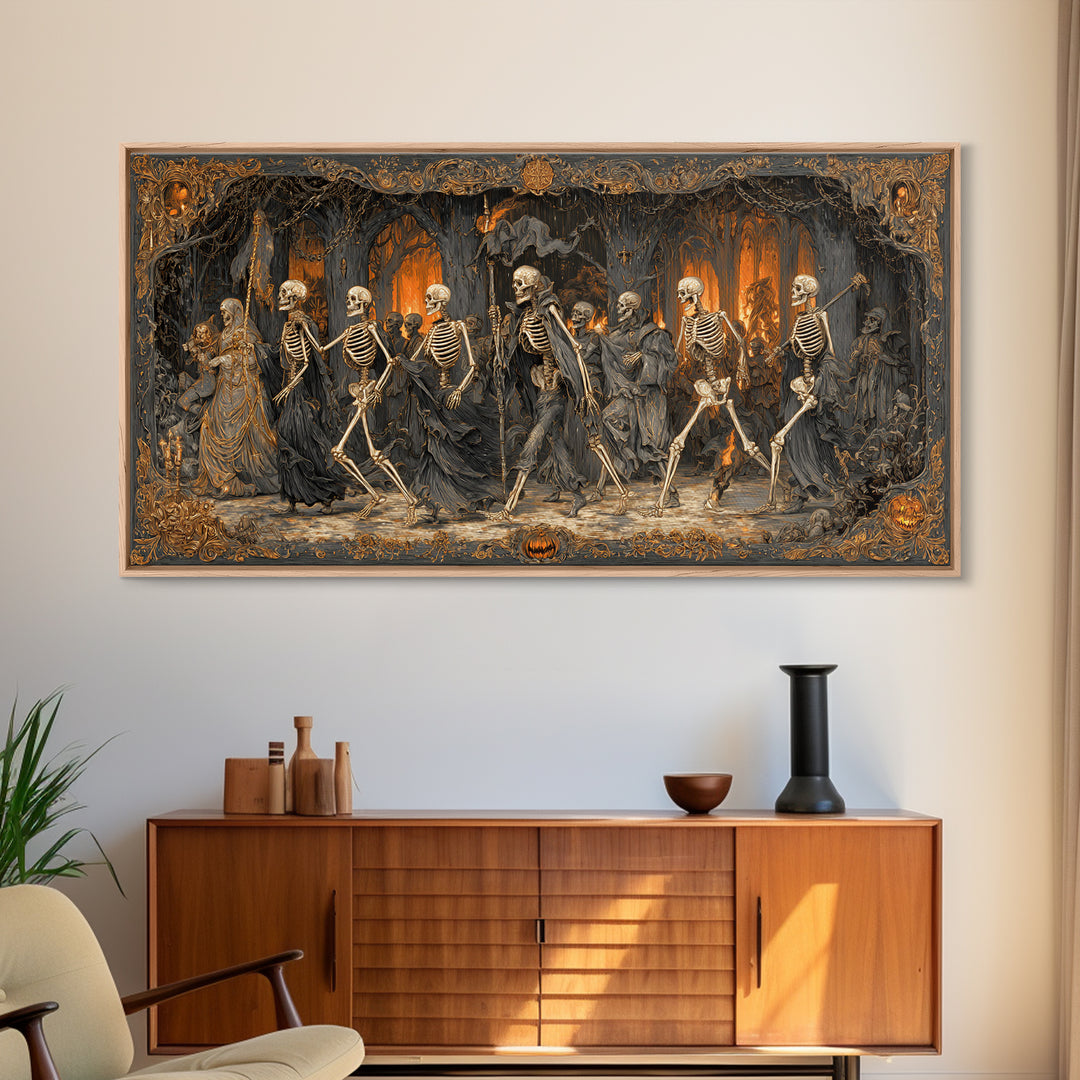 Medieval Danse Macabre, Wide Panoramic Art, Dark Fantasy Wall Art, Canvas Print, Halloween Wall Decor, Gothic Home Decor, Halloween Wall Art