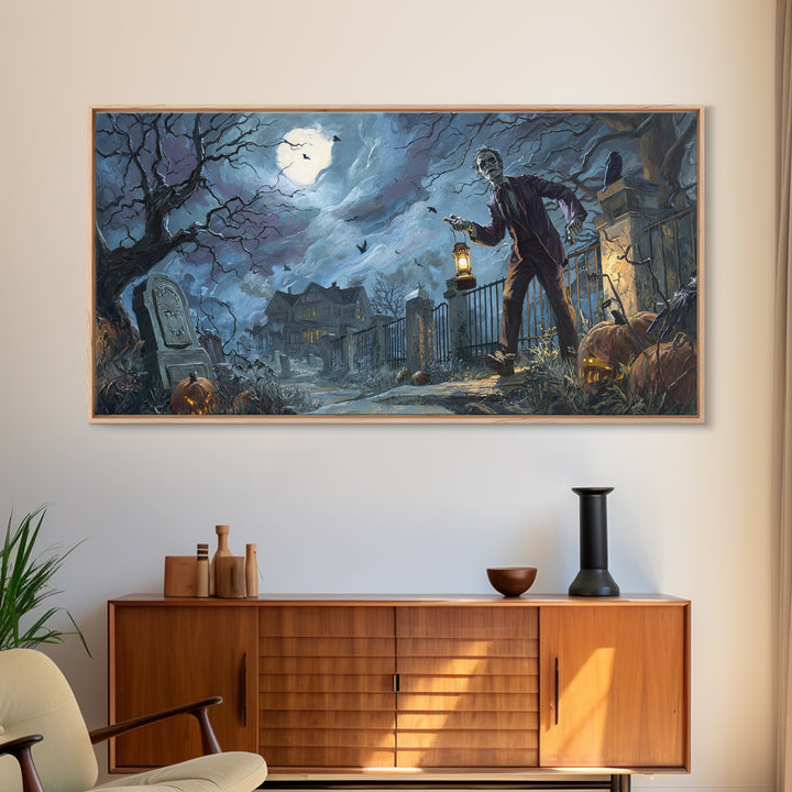 1950s Halloween Nostalgia, Wide Panoramic Art, Dark Fantasy Wall Art, Canvas Print, Halloween Wall Decor, Gothic Home Decor