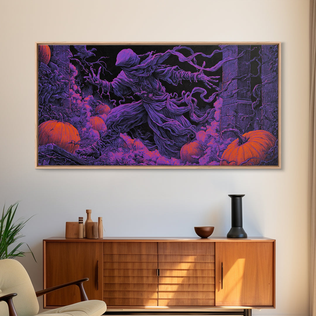 1980s Neon Horror, Wide Panoramic Art, Spooky Home Decor, Canvas Print, Halloween Wall Decor, Gothic Home Decor, Macabre Wall Art