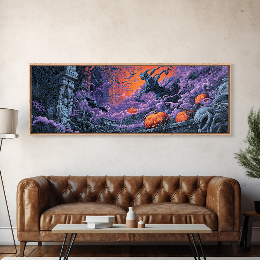 1980s Neon Horror, Extra Wide Wall Art, Dark Fantasy Wall Art, Canvas Print, Halloween Wall Decor, Gothic Home Decor, Macabre Wall Art
