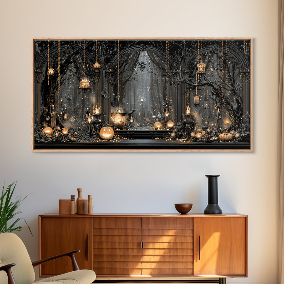 Enchanted Woodland Halloween, Wide Panoramic Art, Dark Fantasy Wall Art, Canvas Print, Halloween Wall Decor, Gothic Home Decor
