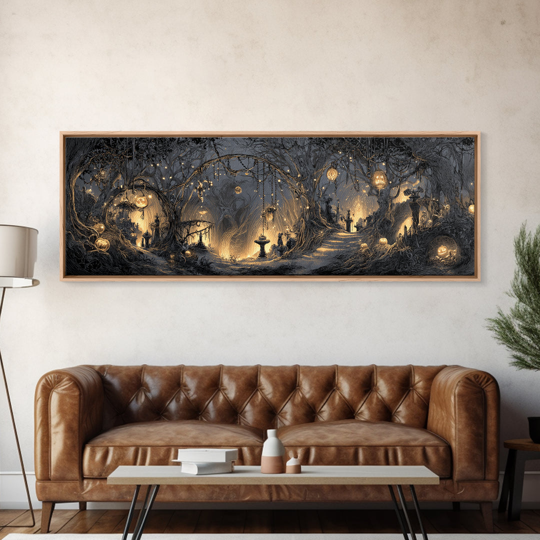 Enchanted Woodland Halloween, Extra Wide Wall Art, Spooky Home Decor, Canvas Print, Halloween Wall Decor, Gothic Home Decor