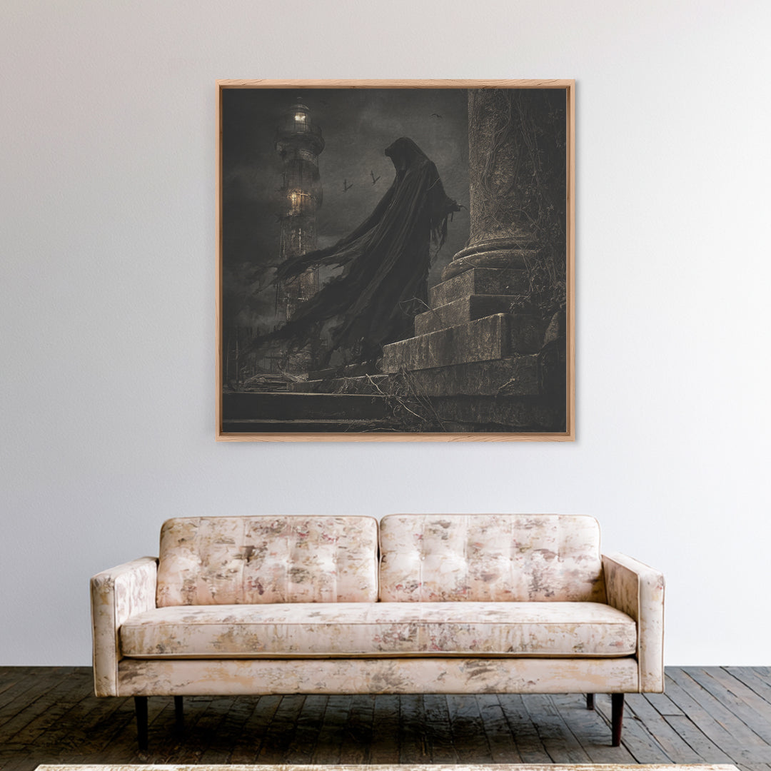 Haunted Seaside Halloween, Square Wall Art, Macabre Wall Art, Framed Canvas Print, Halloween Wall Decor, Gothic Home Decor, Dark Fantasy Art