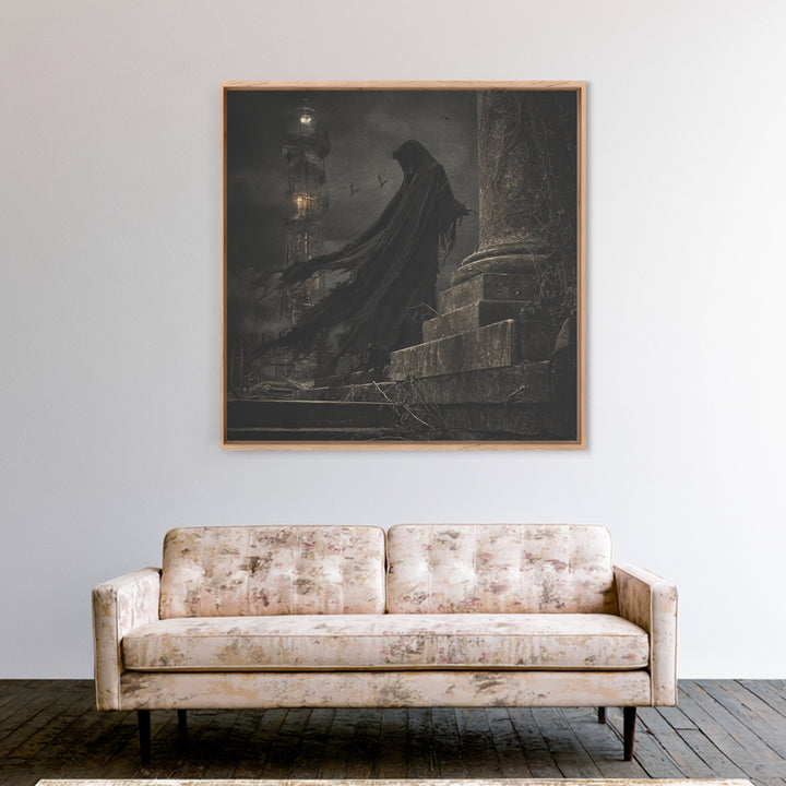 Haunted Seaside Halloween, Square Wall Art, Macabre Wall Art, Framed Canvas Print, Halloween Wall Decor, Gothic Home Decor, Dark Fantasy Art