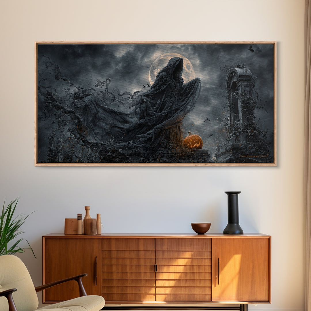 Haunted Seaside Halloween, Wide Panoramic Art, Spooky Home Decor, Canvas Print, Halloween Wall Decor, Gothic Home Decor, Macabre Wall Art