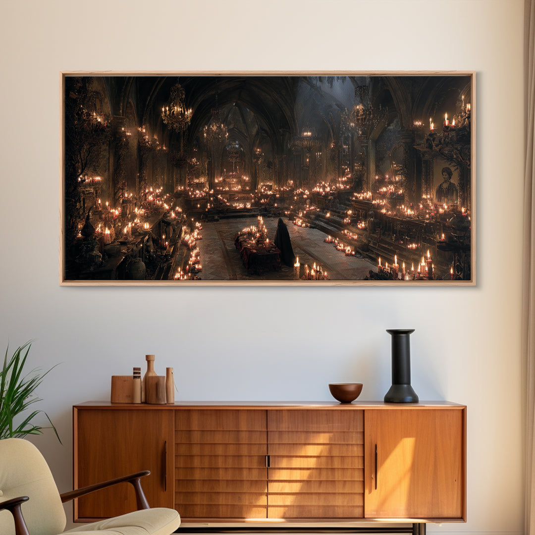 The Candlelit Crypt, Wide Panoramic Art, Dark Halloween Decor, Canvas Print, Halloween Wall Decor, Gothic Home Decor, Statement Wall Art