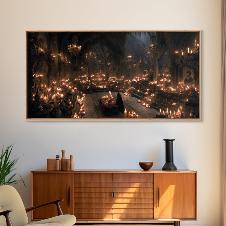 The Candlelit Crypt, Wide Panoramic Art, Dark Halloween Decor, Canvas Print, Halloween Wall Decor, Gothic Home Decor, Statement Wall Art
