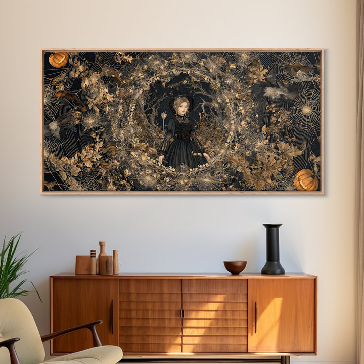 Black Lace And Cobwebs, Wide Panoramic Art, Haunted Gothic Art, Framed Canvas Print, Halloween Wall Decor, Gothic Home Decor