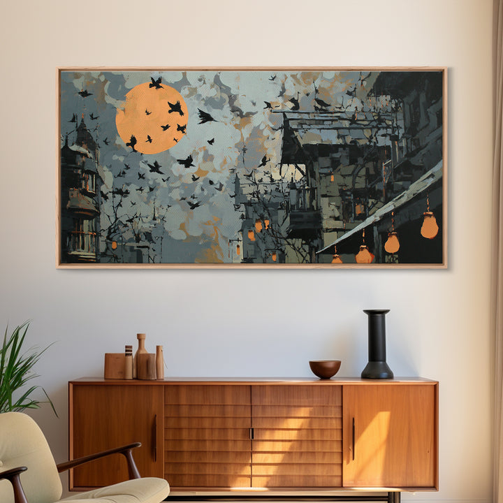 Ravens And Ruins, Wide Panoramic Art, Spooky Home Decor, Canvas Print, Halloween Wall Decor, Gothic Home Decor, Macabre Wall Art
