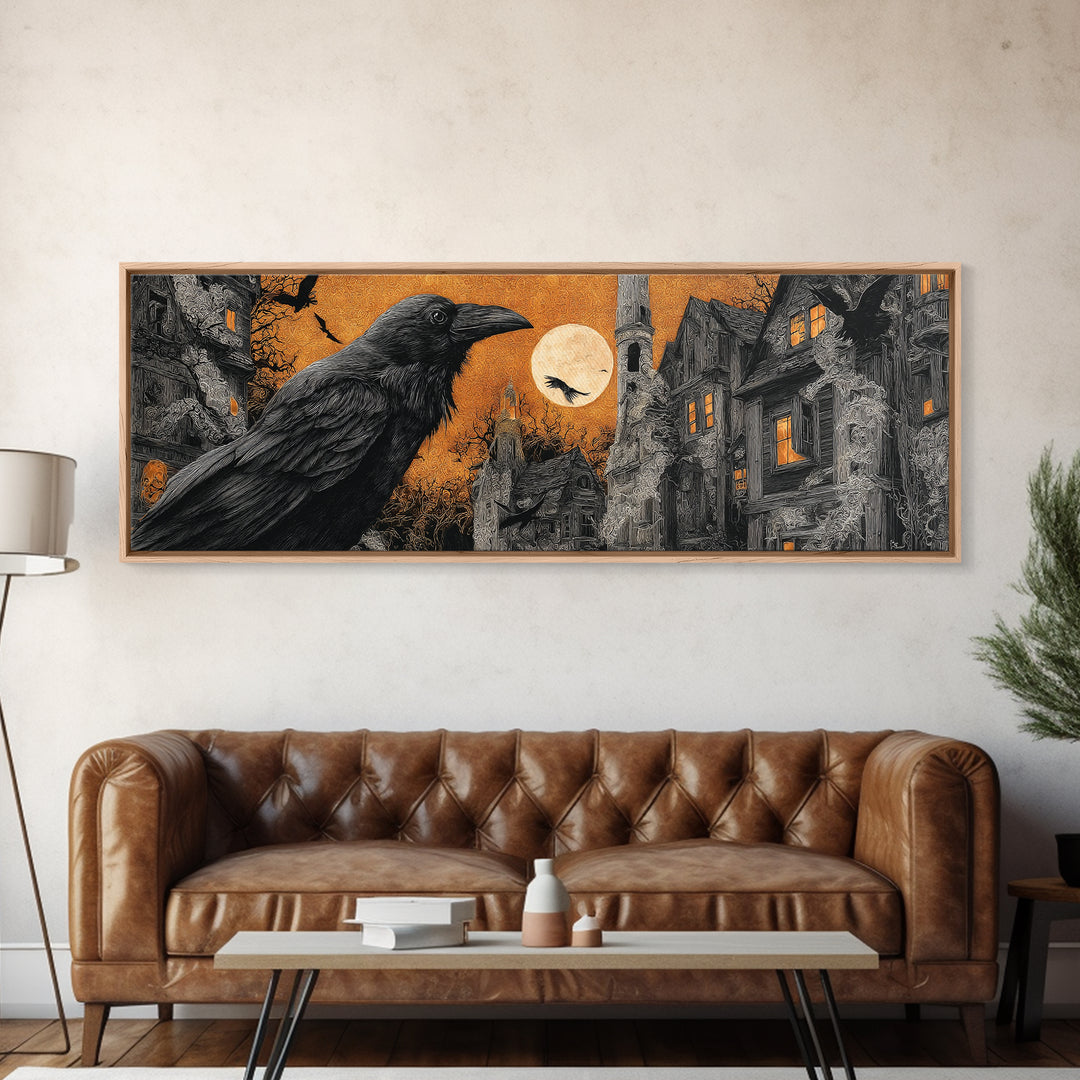 Ravens And Ruins, Extra Wide Wall Art, Macabre Wall Art, Framed Canvas Print, Halloween Wall Decor, Gothic Home Decor, Halloween Decor