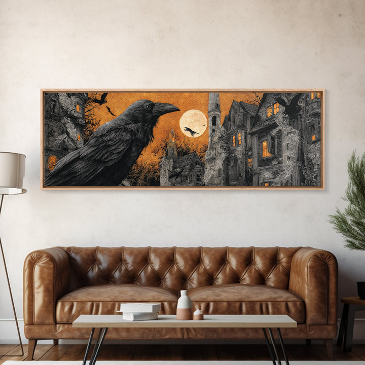 Ravens And Ruins, Extra Wide Wall Art, Macabre Wall Art, Framed Canvas Print, Halloween Wall Decor, Gothic Home Decor, Halloween Decor