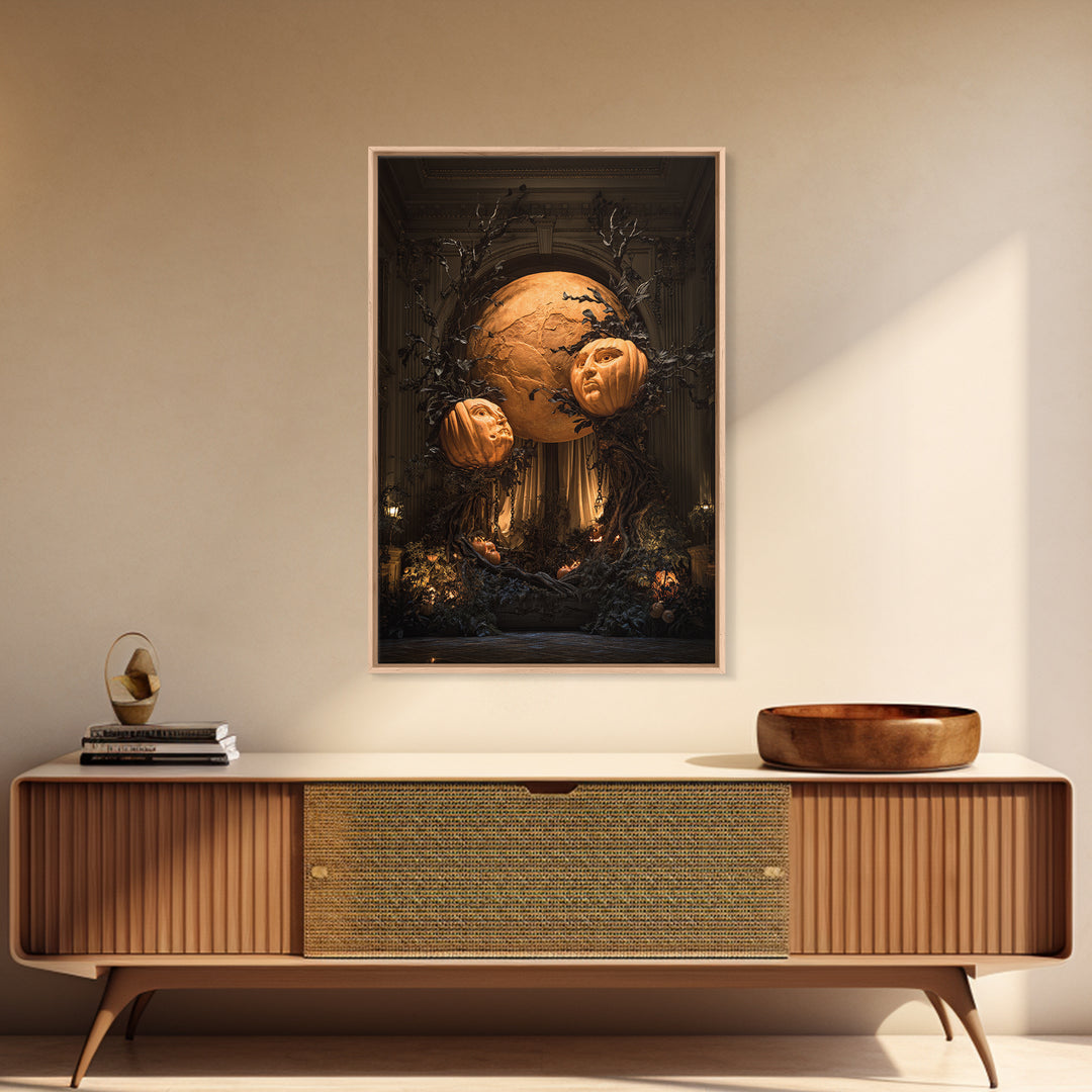Pumpkins And Moon Phases, Vertical Wall Art, Macabre Wall Art, Framed Canvas Print, Halloween Wall Decor, Gothic Home Decor