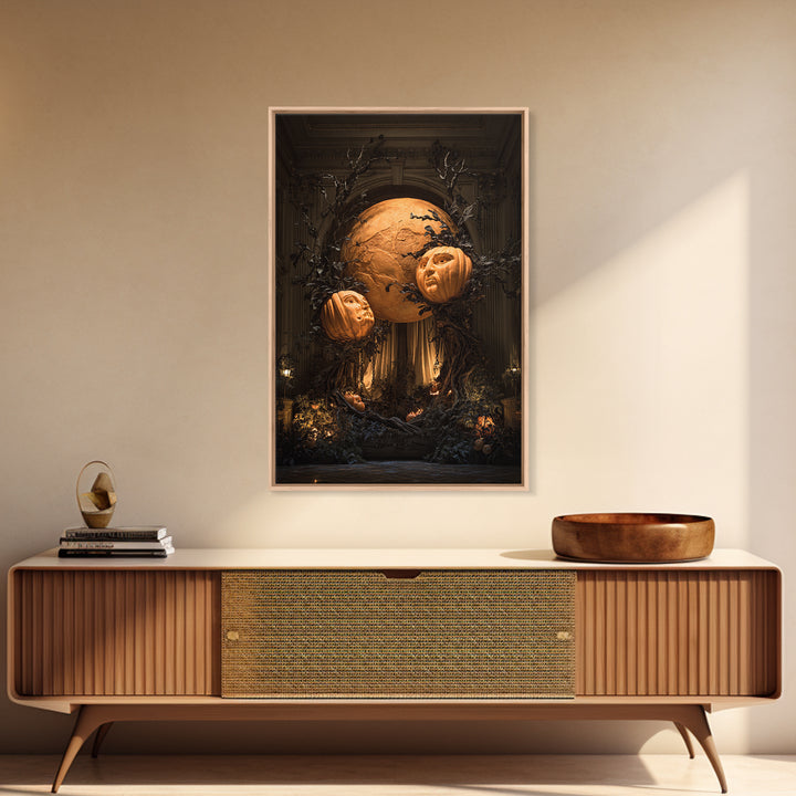 Pumpkins And Moon Phases, Vertical Wall Art, Macabre Wall Art, Framed Canvas Print, Halloween Wall Decor, Gothic Home Decor