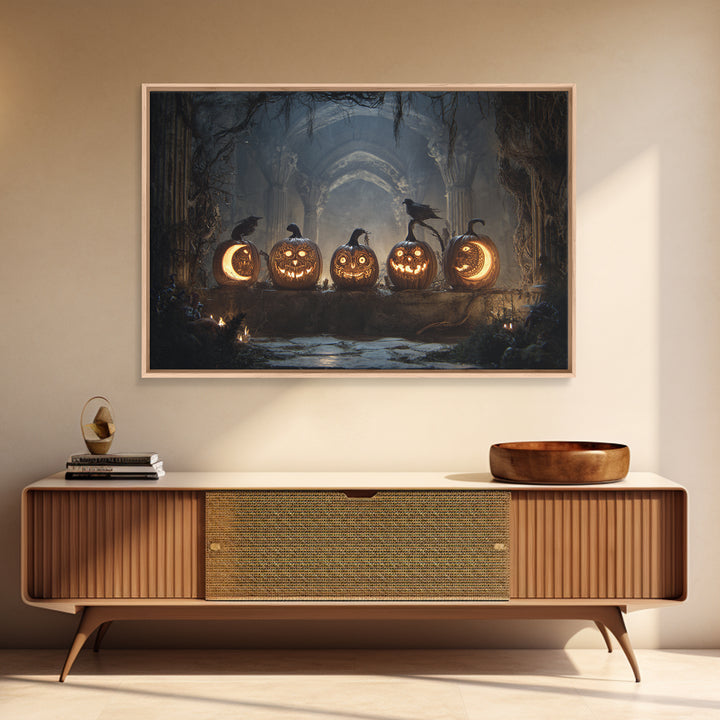 Pumpkins And Moon Phases, Landscape Wall Art, Haunted Gothic Art, Framed Canvas Print, Halloween Wall Decor, Gothic Home Decor