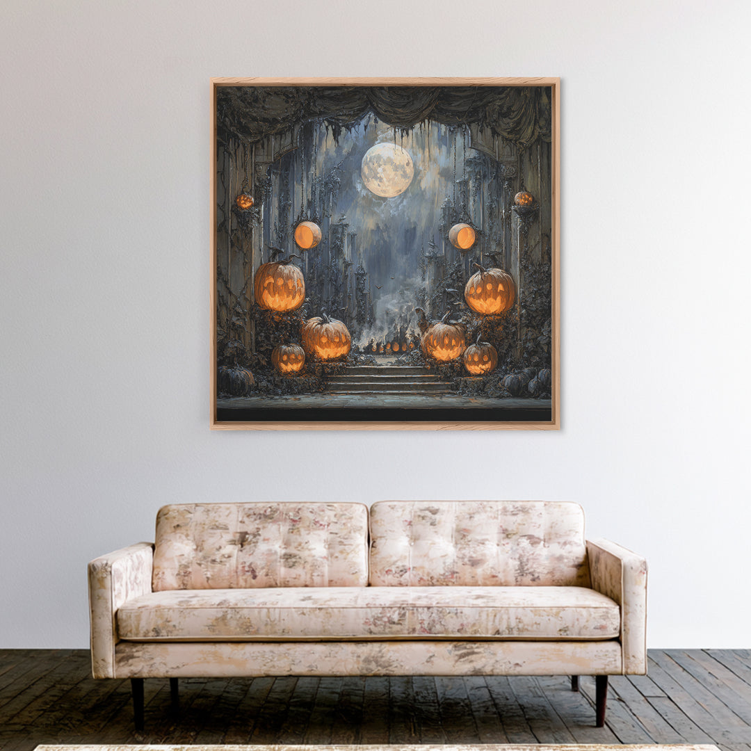 Pumpkins And Moon Phases, Square Wall Art, Dark Fantasy Wall Art, Canvas Print, Halloween Wall Decor, Gothic Home Decor