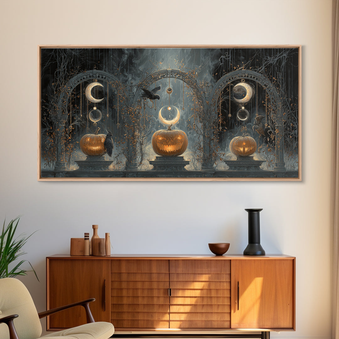 Pumpkins And Moon Phases, Wide Panoramic Art, Dark Halloween Decor, Canvas Print, Halloween Wall Decor, Gothic Home Decor, Horror Wall Art