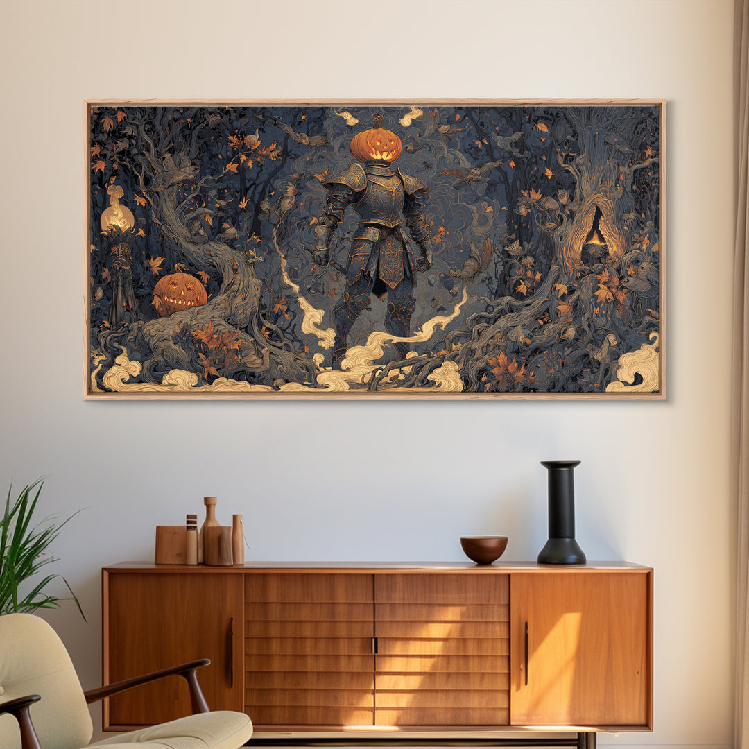The Pumpkin Paladin, Wide Panoramic Art, Haunted Gothic Art, Framed Canvas Print, Halloween Wall Decor, Gothic Home Decor, Dark Fantasy Art