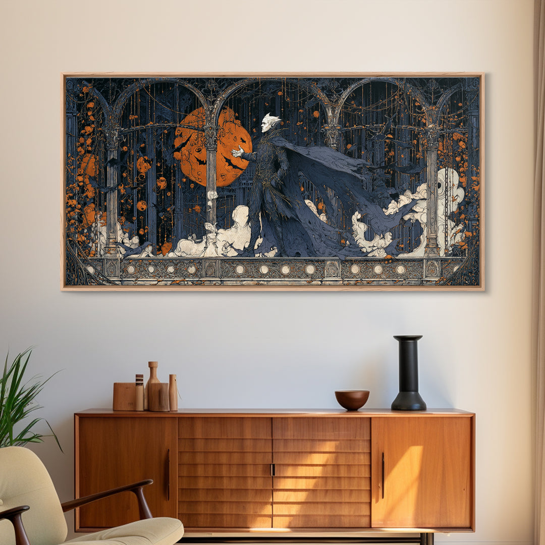 The Bat Prince, Wide Panoramic Art, Gothic Horror Wall Art, Framed Canvas Print, Halloween Wall Decor, Gothic Home Decor, Statement Wall Art