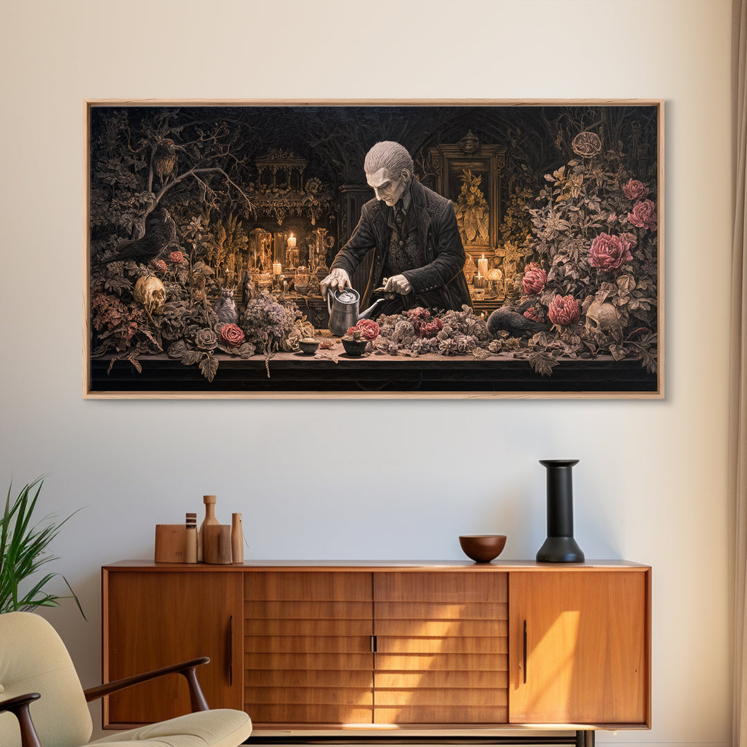 The Graveyard Gardener, Wide Panoramic Art, Gothic Horror Wall Art, Framed Canvas Print, Halloween Wall Decor, Gothic Home Decor