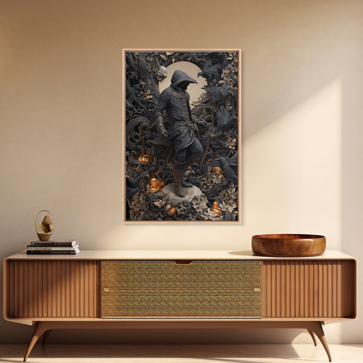 The Crow-Masked Assassin, Vertical Wall Art, Haunted Gothic Art, Framed Canvas Print, Halloween Wall Decor, Gothic Home Decor