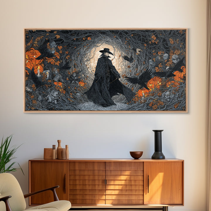 The Crow-Masked Assassin, Wide Panoramic Art, Gothic Horror Wall Art, Framed Canvas Print, Halloween Wall Decor, Gothic Home Decor
