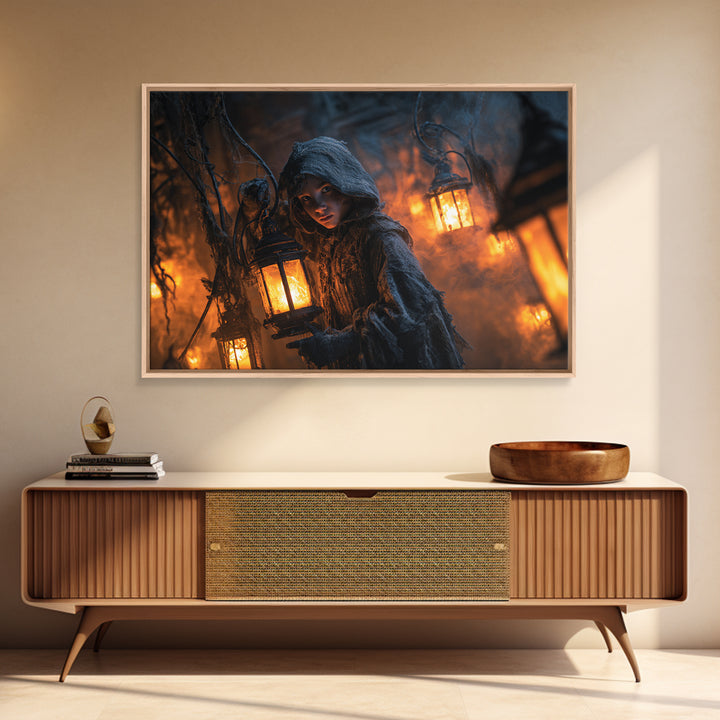 The Lantern Mage, Landscape Wall Art, Macabre Wall Art, Framed Canvas Print, Halloween Wall Decor, Gothic Home Decor, Spooky Wall Decor