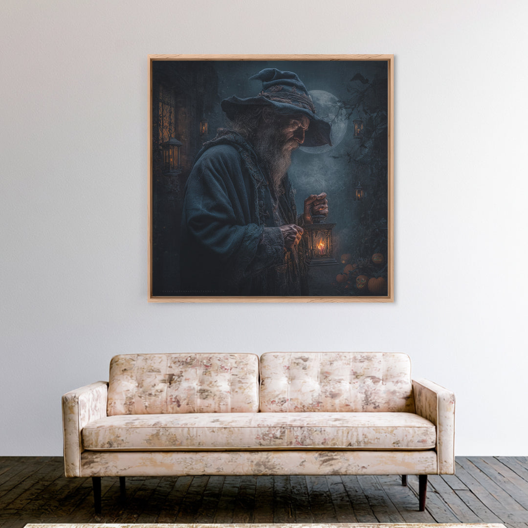 The Lantern Mage, Square Wall Art, Haunted Gothic Art, Framed Canvas Print, Halloween Wall Decor, Gothic Home Decor, Horror Wall Art